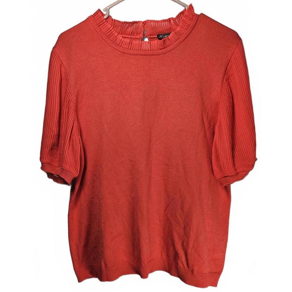 Adrianna Papell Women's Red Hibiscus Pleated Woven Neck Short‎ Sleeve Sweater L